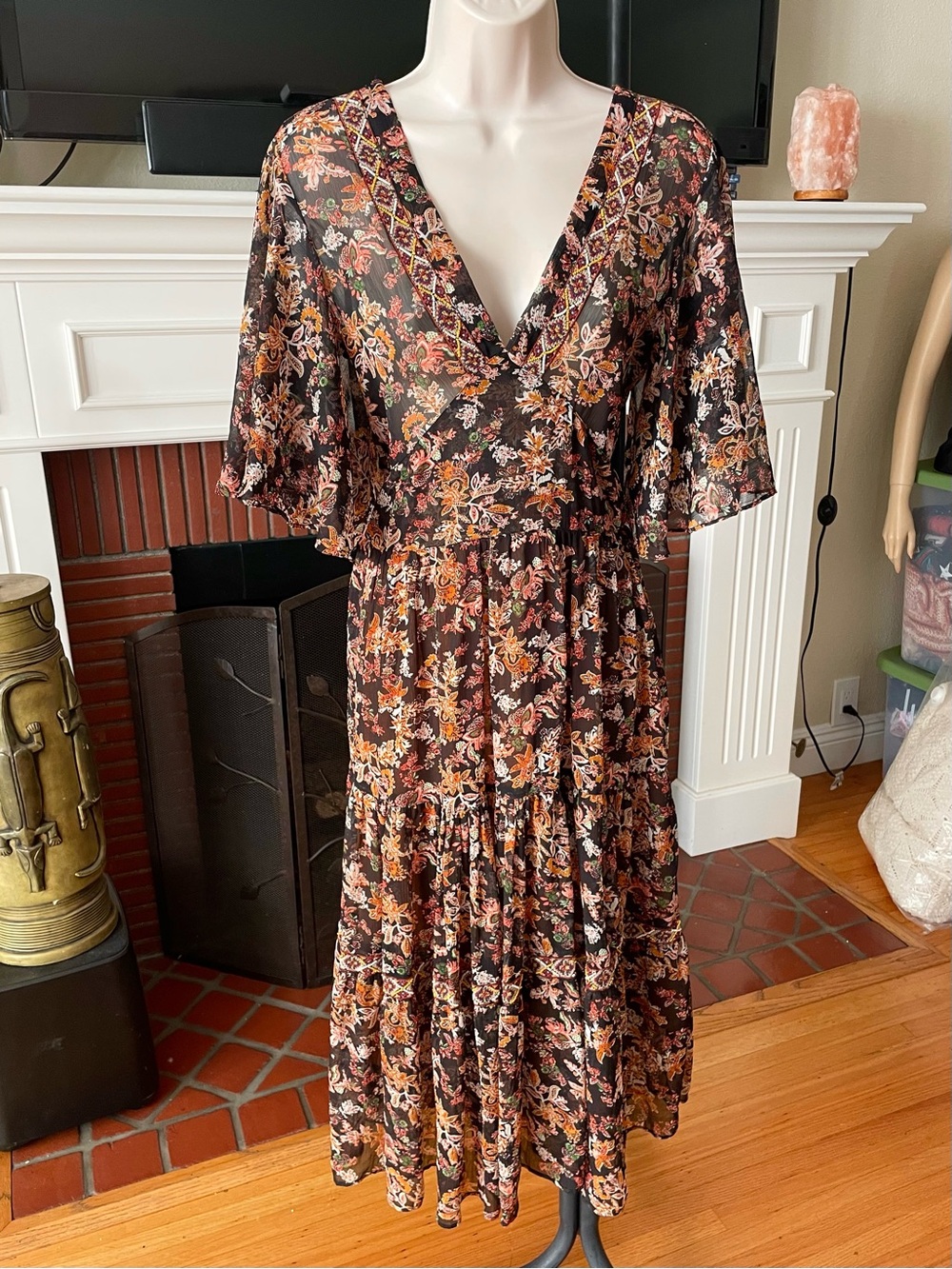 Zara Brown Floral Beaded Open Side Flowing Maxi Dress S Boho
